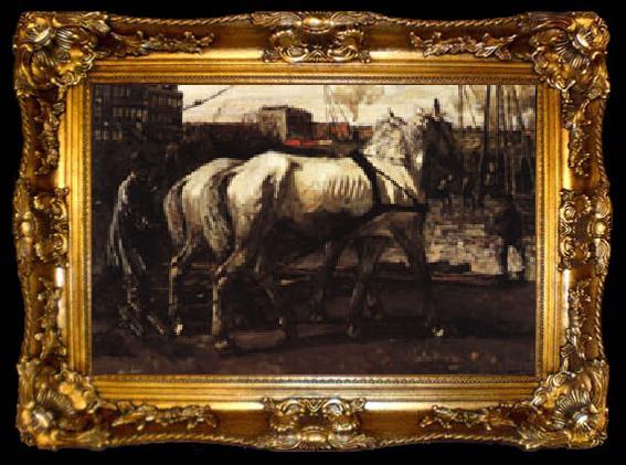 framed  George-Hendrik Breitner Two White Horses Pulling Posts in Amsterdam, ta009-2